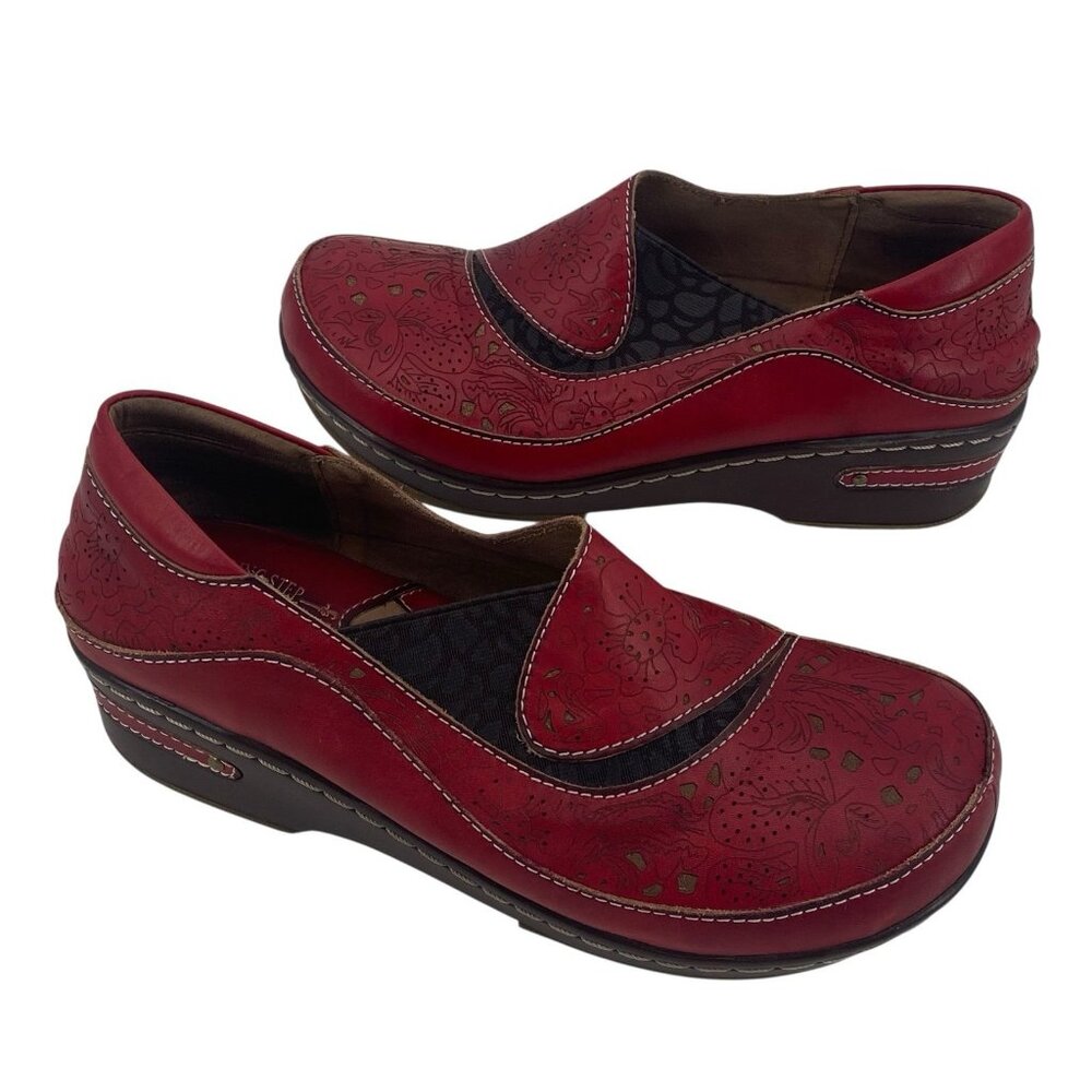 L’ARTISTE Spring Step Clogs EU 39 US 8 Burbank Leather Flower Leaf Red Artsy